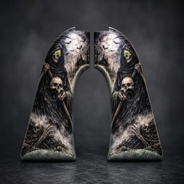 Heritage Grim Reaper grips with UV-printed green-eyed reaper design on high-impact ABS