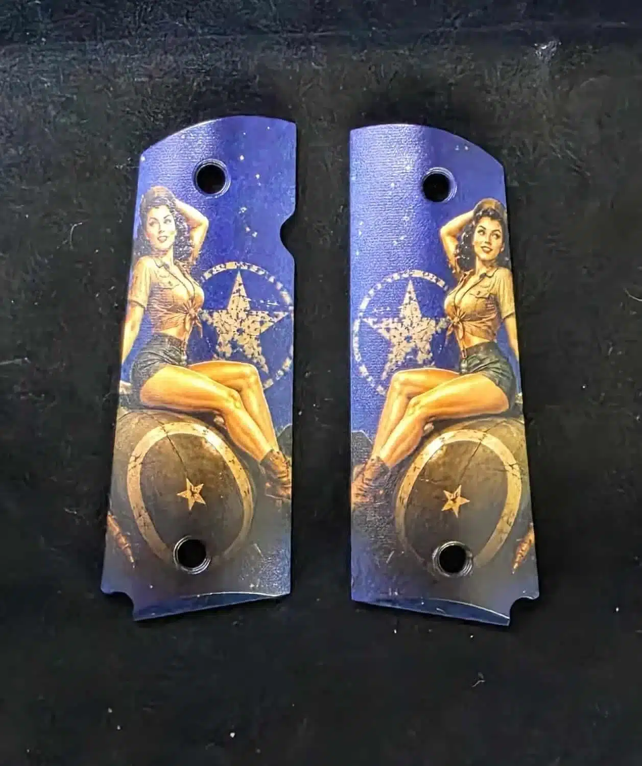 WWII Pinup Girl on Plane, Dark Blue Sky – 1911 Grips (Black ABS)