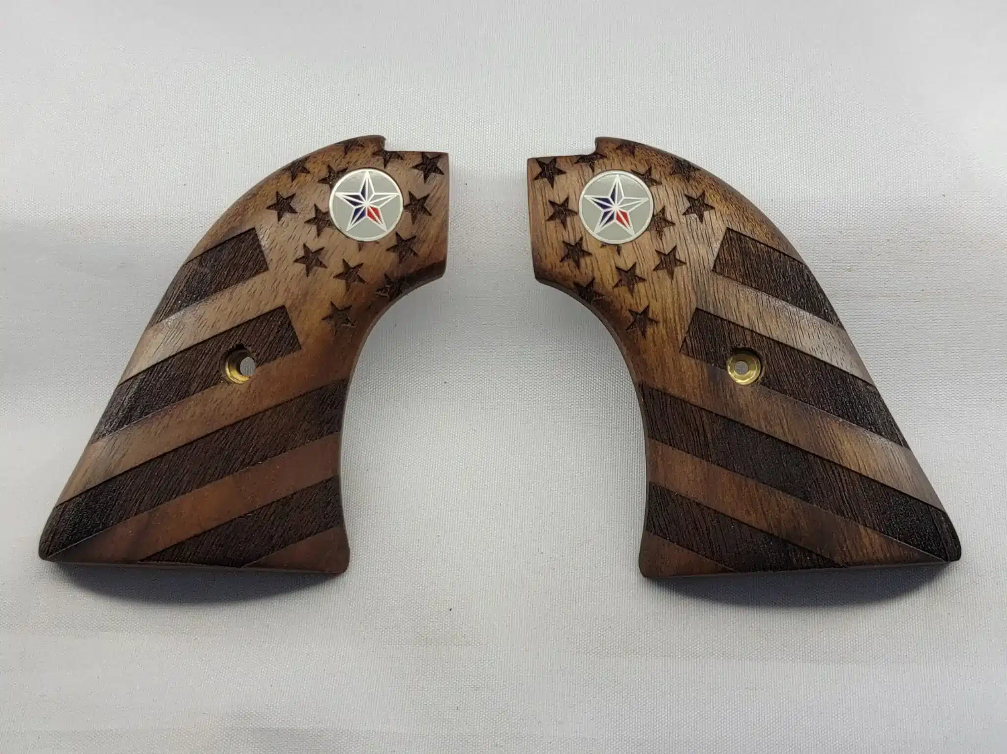 Heritage Rough Rider American Flag Grips Texas Star Medallion — carved solid walnut for .22 LR and .22 Magnum single-action revolver